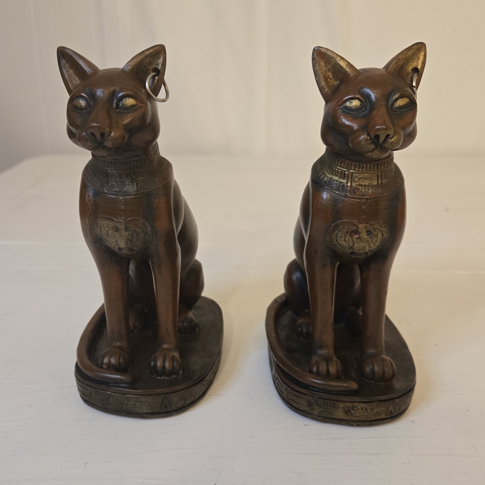 Ancient Egyptian cat god statue Pair ( Bubasiris ) 7.5” high-3” Base Set Of 2